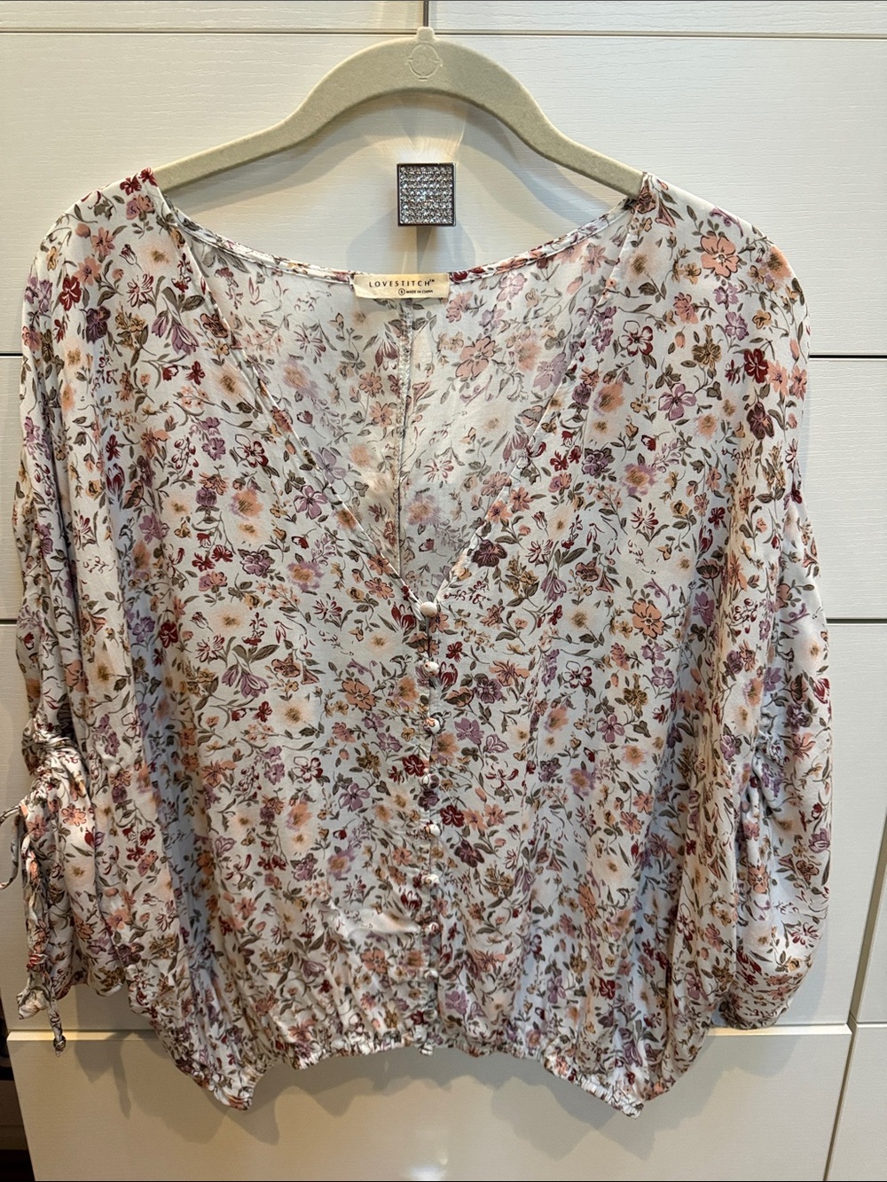 lovestitch Cream Floral Button-Front Blouse with Pink and Brown Flowers